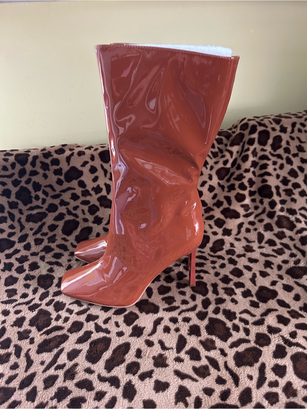 Cognac Patent Knee-High Boots | Square Toe & Stiletto Heel